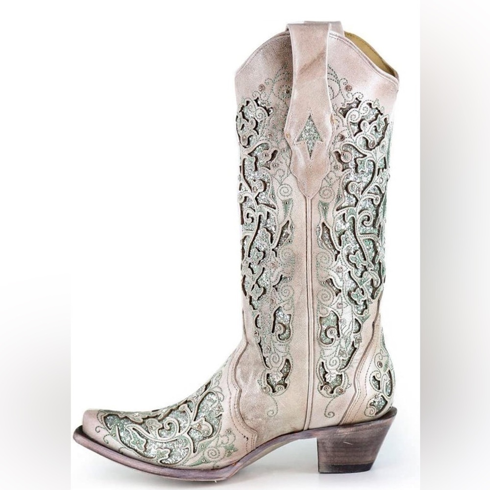 CORRAL LADIE'S BROWN INLAY & FLOWERED EMBROIDERY & STUDS & CRYSTALS BOOTS